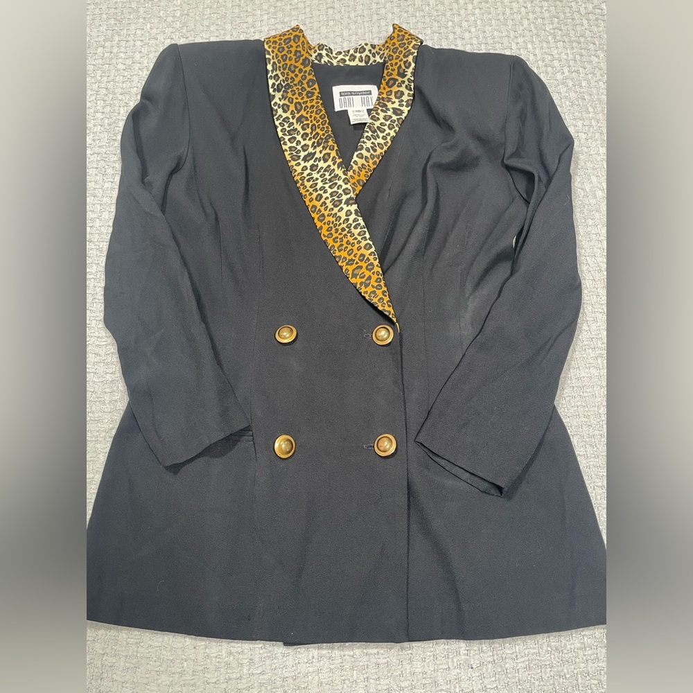 Vintage Black Double Breasted Blazer Jacket Leopard Print Collar Retro 80’s 90’s - Picture 11 of 16